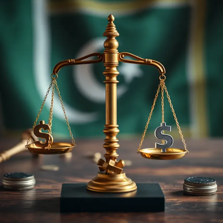 Conceptual illustration of legal scales balancing financial symbols representing binary options in Pakistan