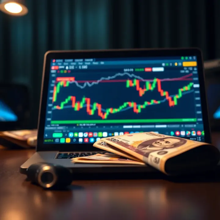 Illustration of a laptop displaying binary trading charts alongside Pakistani currency notes