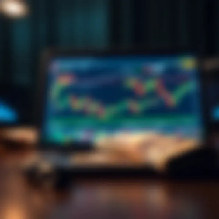 Illustration of a laptop displaying binary trading charts alongside Pakistani currency notes