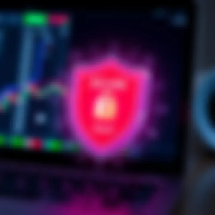 Conceptual illustration of secure online trading with shield symbol and currency icons