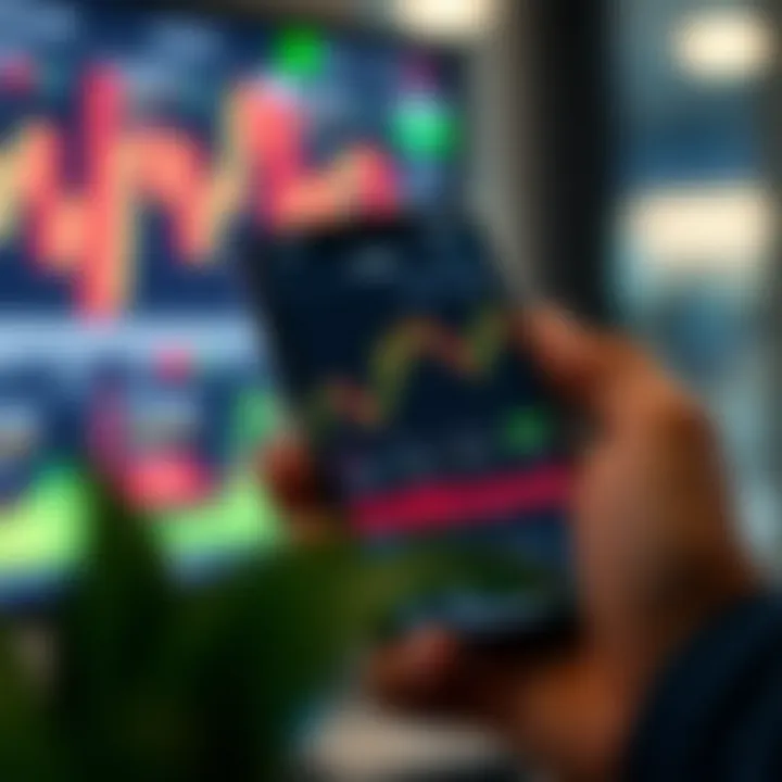 Mobile device displaying forex trading app interface with charts and currency pairs