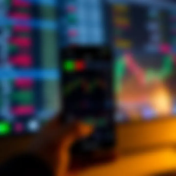 Smartphone displaying a forex trading application interface with charts and currency pairs