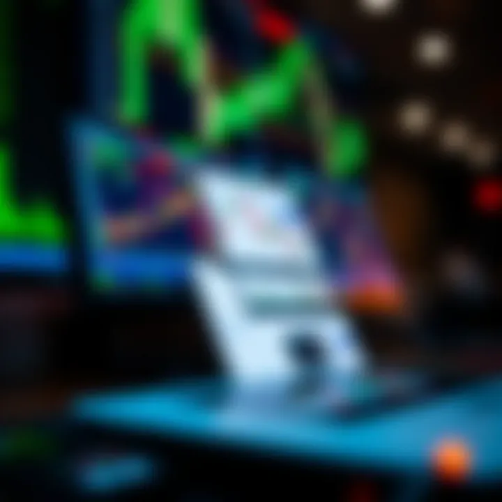 Mobile device displaying various trading app interfaces with charts and market data