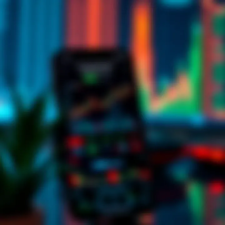 Mobile phone displaying a financial trading app interface with charts and graphs