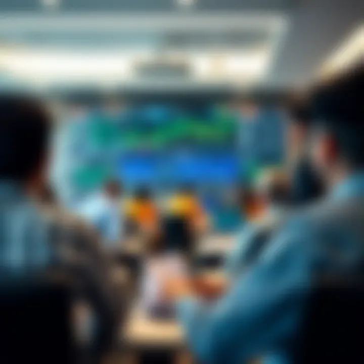 Illustration of a classroom setting focused on cryptocurrency education with students engaged in learning