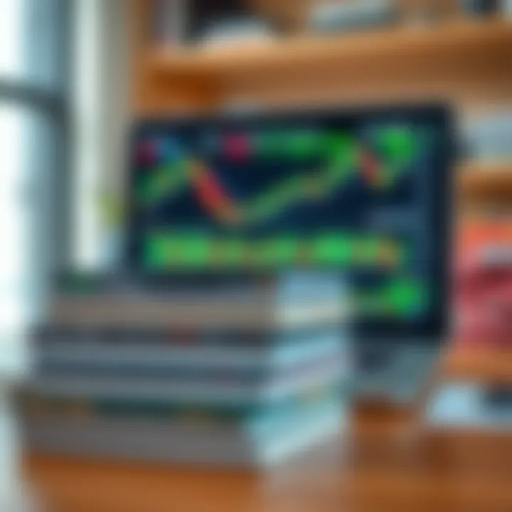 Recommended Forex Trading Resources for Skill Development Stack of forex trading books with a laptop displaying currency exchange graphs