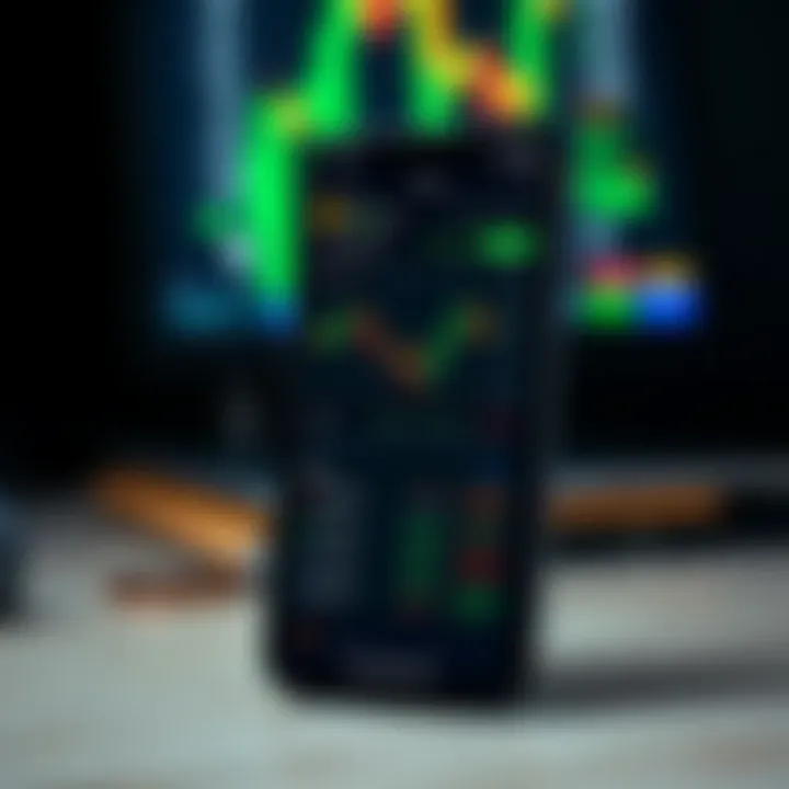 Mobile phone displaying a cryptocurrency trading interface with charts and currency options