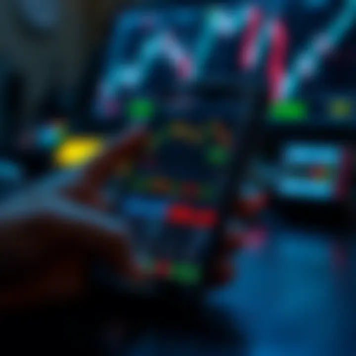 A smartphone displaying various financial charts and trading app interface with dynamic graphs