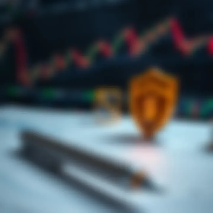 Conceptual graphic showing risk management strategies in forex trading with charts and protective shield icons