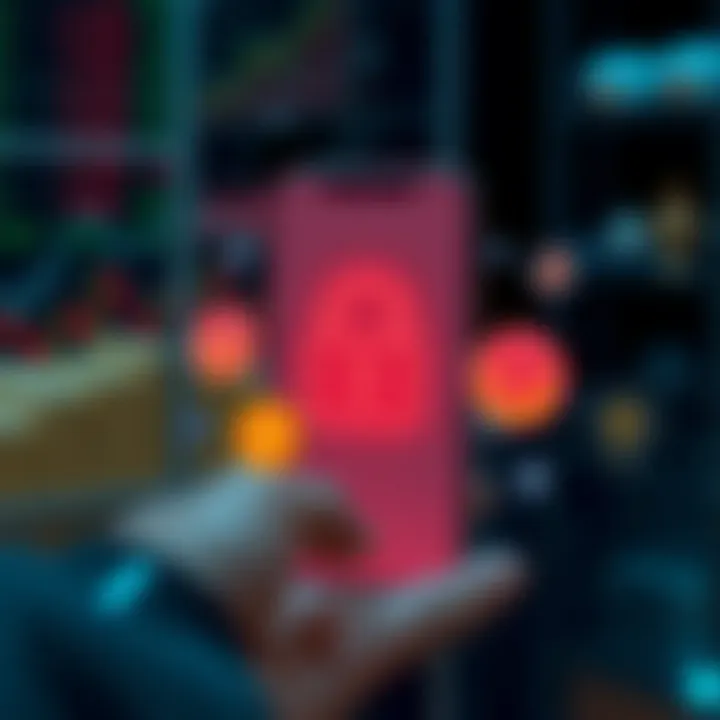 Illustration of secure mobile trading with safety icons and currency symbols for stocks, forex, and crypto