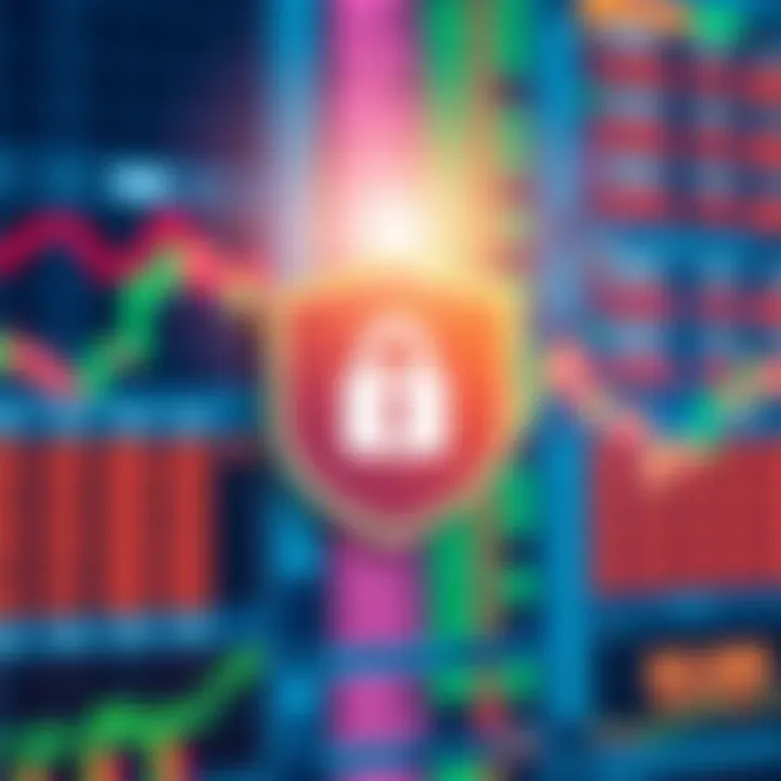 Secure shield symbol overlaid on financial data screen representing security measures in stock trading apps