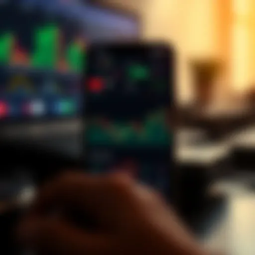 Mobile phone screen displaying a forex trading app interface with charts and currency pairs