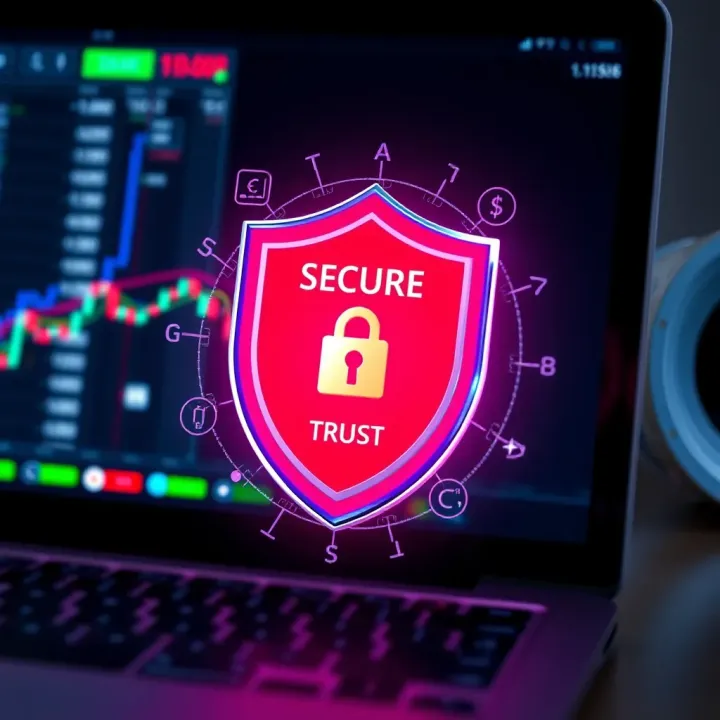 Conceptual illustration of secure online trading with shield symbol and currency icons