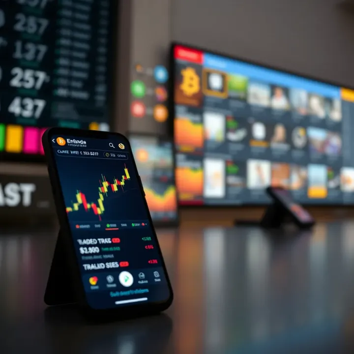 Mobile device displaying a cryptocurrency trading app interface with charts and market data