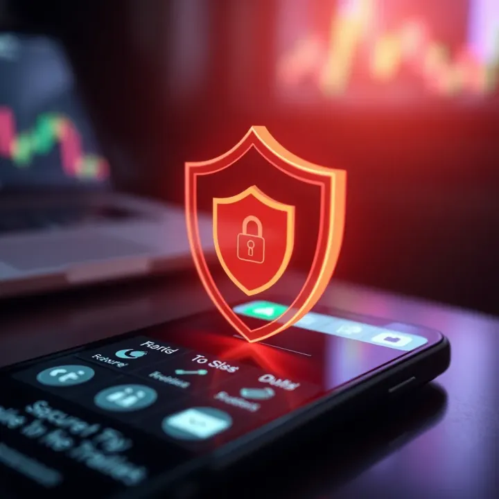Security Features in Forex Trading Applications Secure digital shield icon overlaid on a mobile phone representing app security and data protection