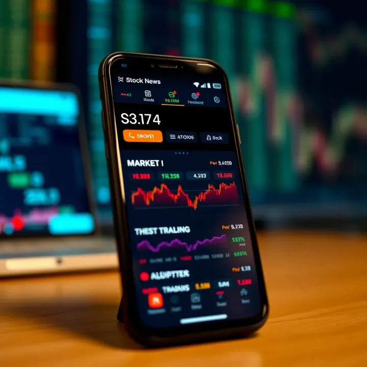 Pakistani Stock Trading App User Interface with Market Data Mobile phone displaying a Pakistani stock trading app interface with market charts and trading options