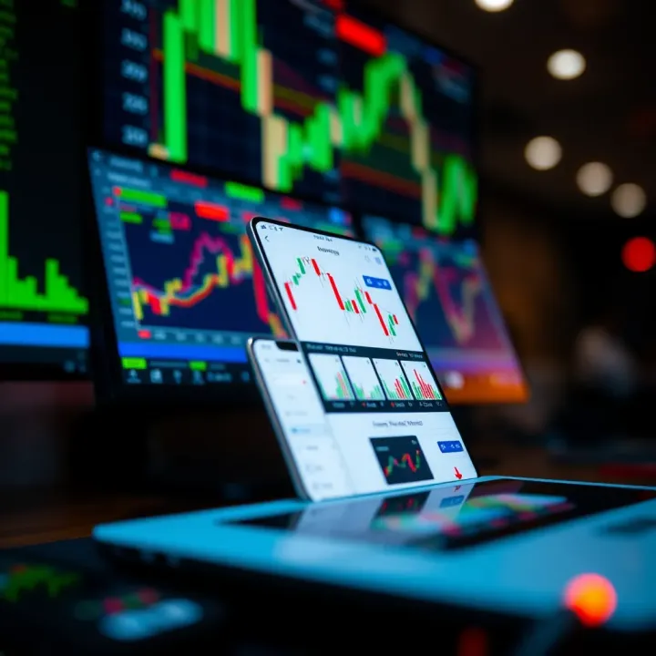 Mobile device displaying various trading app interfaces with charts and market data