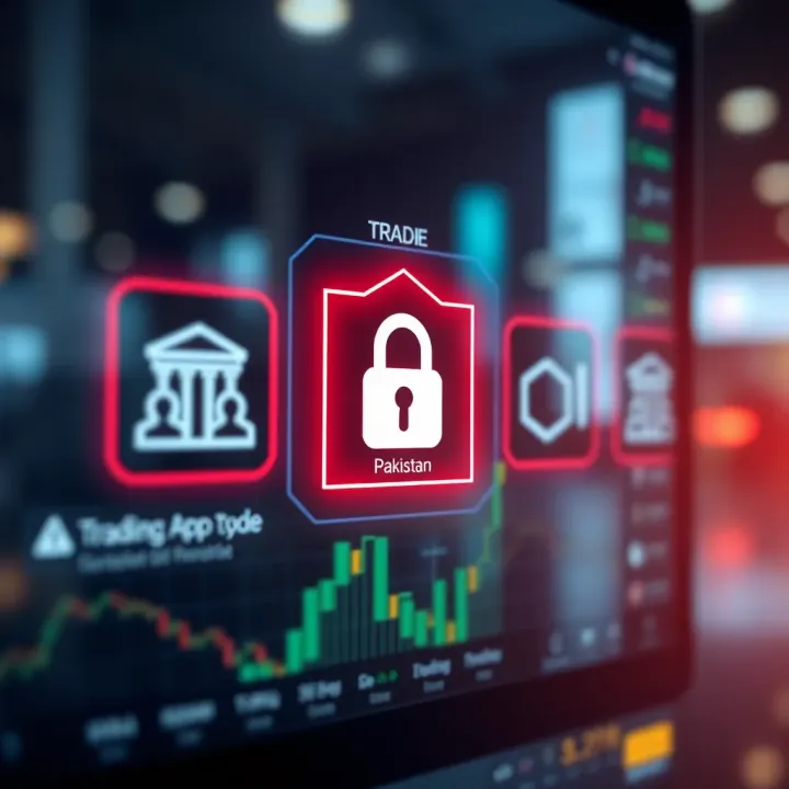 Secure digital interface showing authentication and regulatory compliance icons for safe trading apps in Pakistan