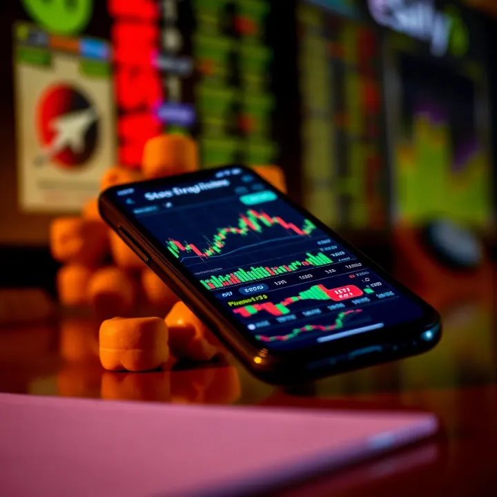 Mobile phone displaying a stock trading app interface with graphs and market data