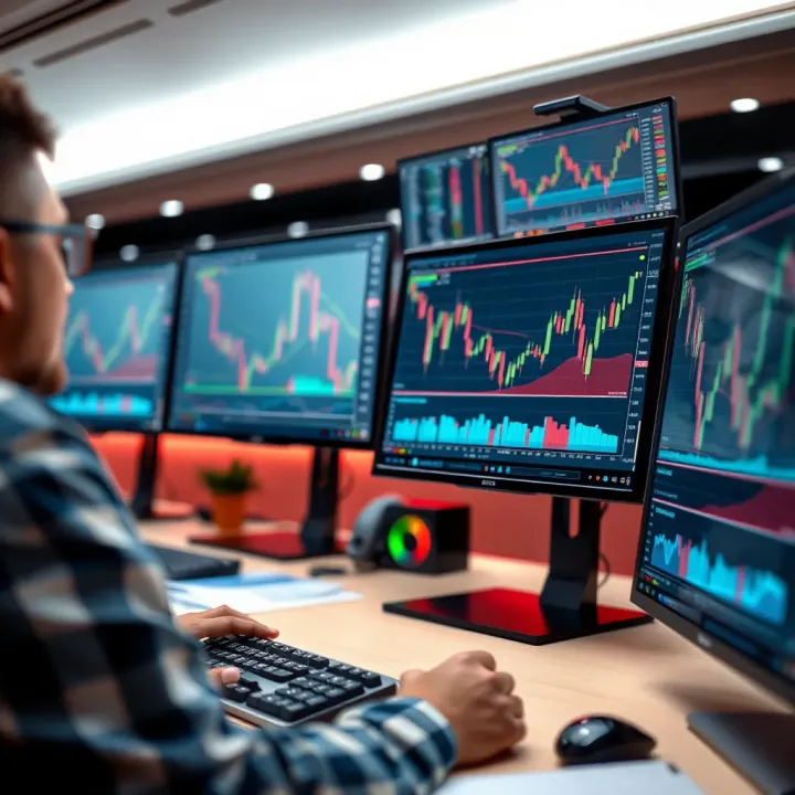 Detailed forex trading charts and graphs displayed on multiple computer screens