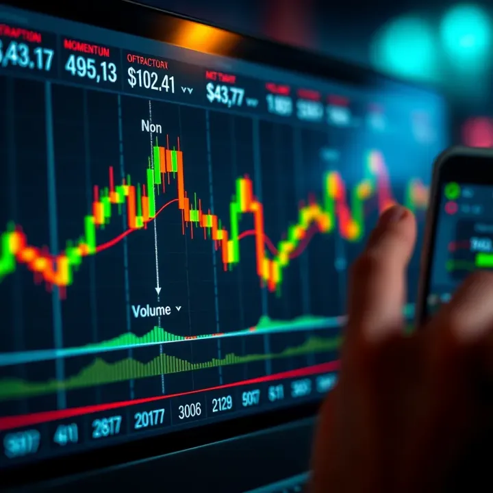 Graph illustrating market momentum and volume trends with candlestick patterns in a crypto trading platform