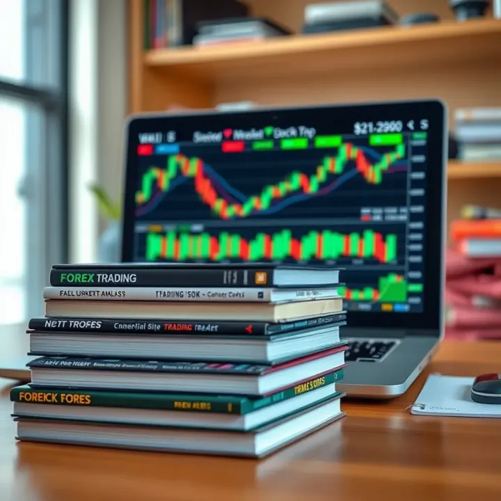 Recommended Forex Trading Resources for Skill Development Stack of forex trading books with a laptop displaying currency exchange graphs