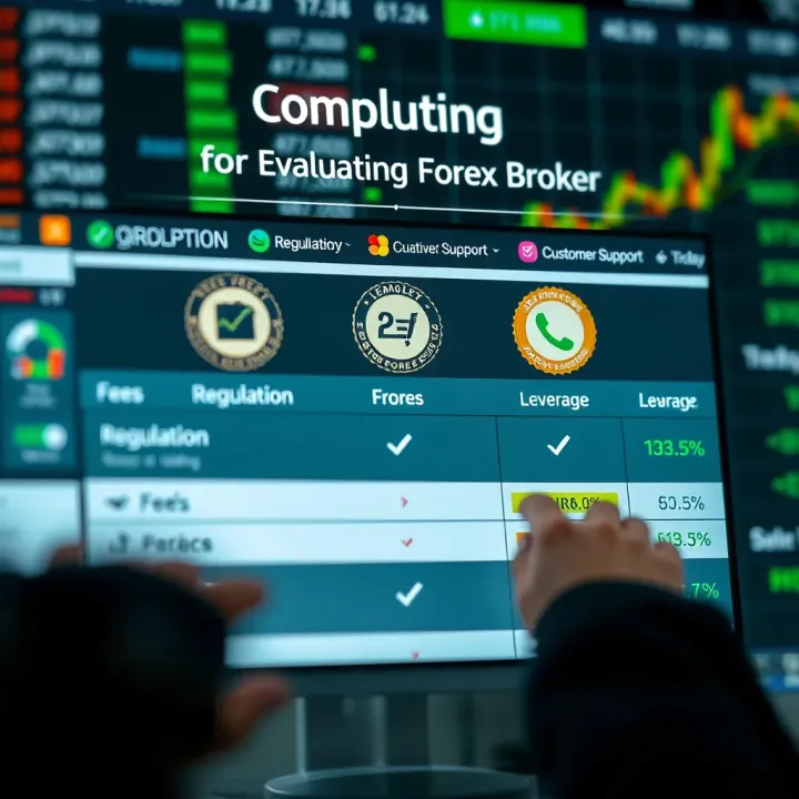 Key Criteria for Evaluating Forex Trading Brokers Comparison of broker features like fees, regulation badges, leverage options, and customer support icons