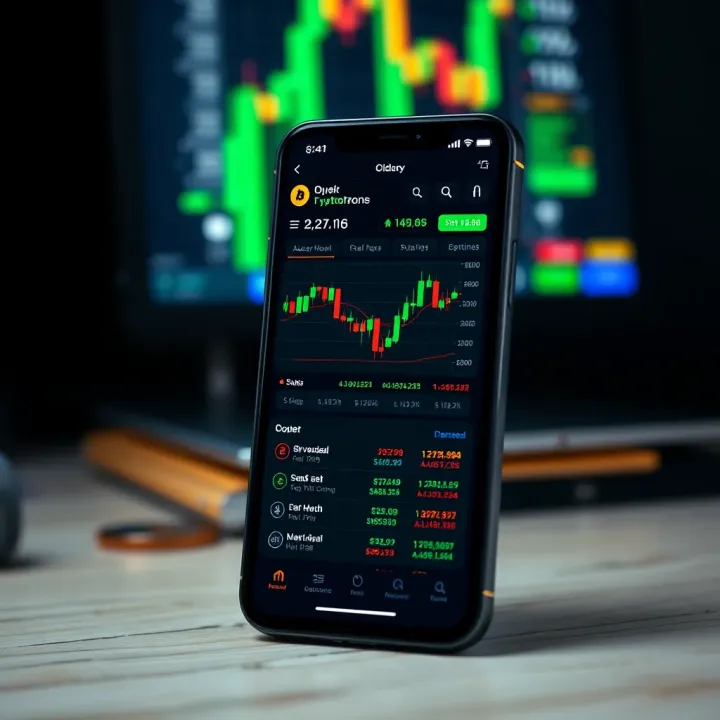 Mobile phone displaying a cryptocurrency trading interface with charts and currency options
