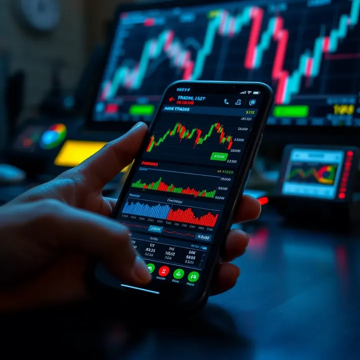 A smartphone displaying various financial charts and trading app interface with dynamic graphs