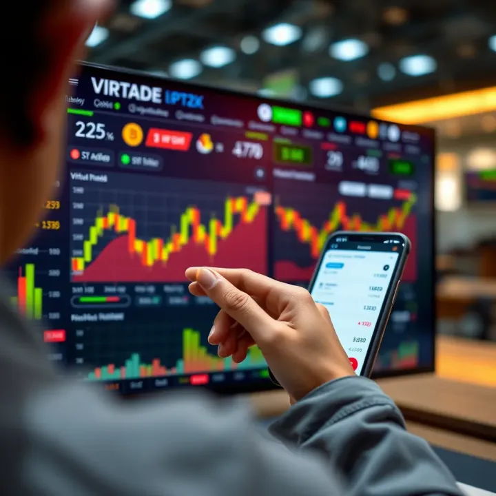Trading App Dashboard Featuring Virtual Currency and Stock Options A user navigating a trading app dashboard showing virtual currency and stock options with zero investment