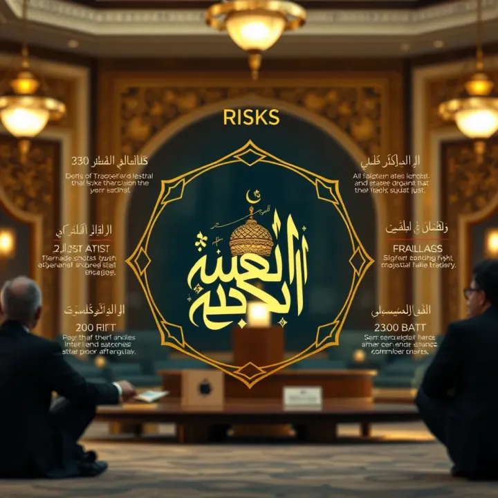 Graphic showing financial risks and choices in trading with Islamic calligraphy motifs
