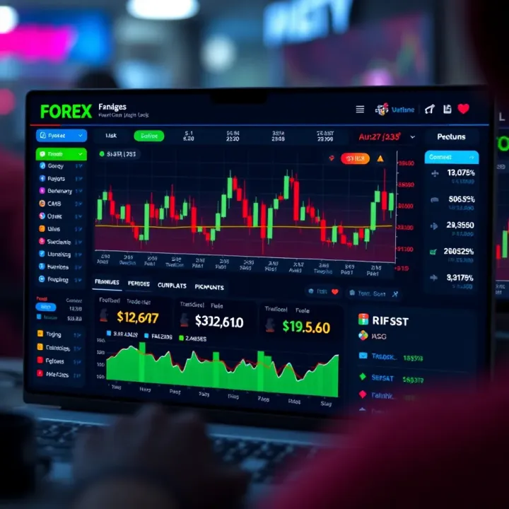Dashboard of a forex trading app showing live currency exchange rates and trading options