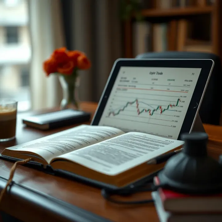 Open book and digital device displaying forex trading PDF resources for learning