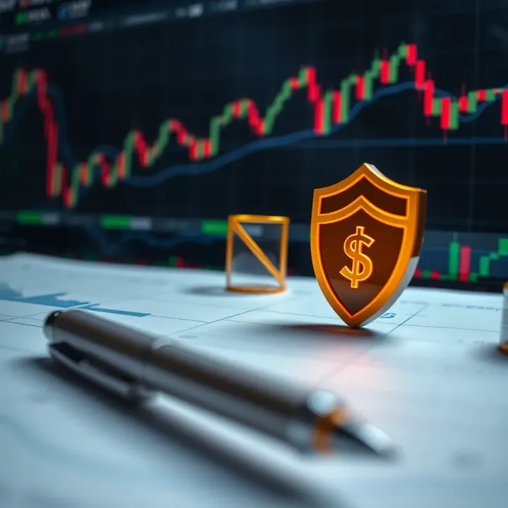 Conceptual graphic showing risk management strategies in forex trading with charts and protective shield icons