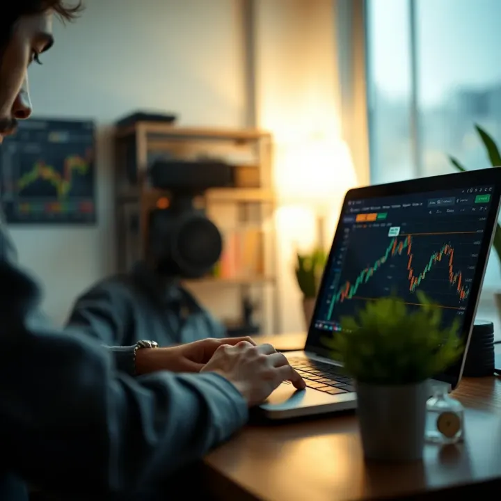 Visual representation of a beginner using a laptop to learn crypto trading with educational icons and charts