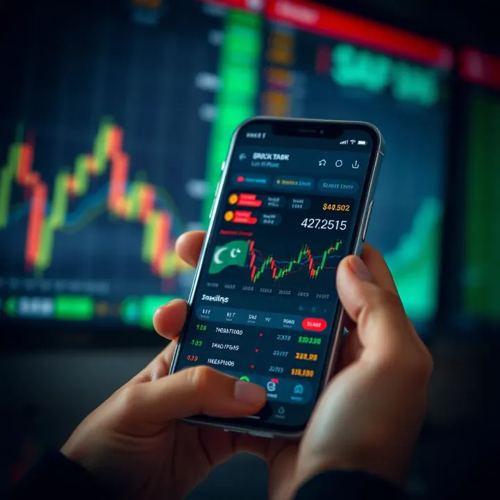 Mobile device displaying stock market data and trading interface in Pakistan currency