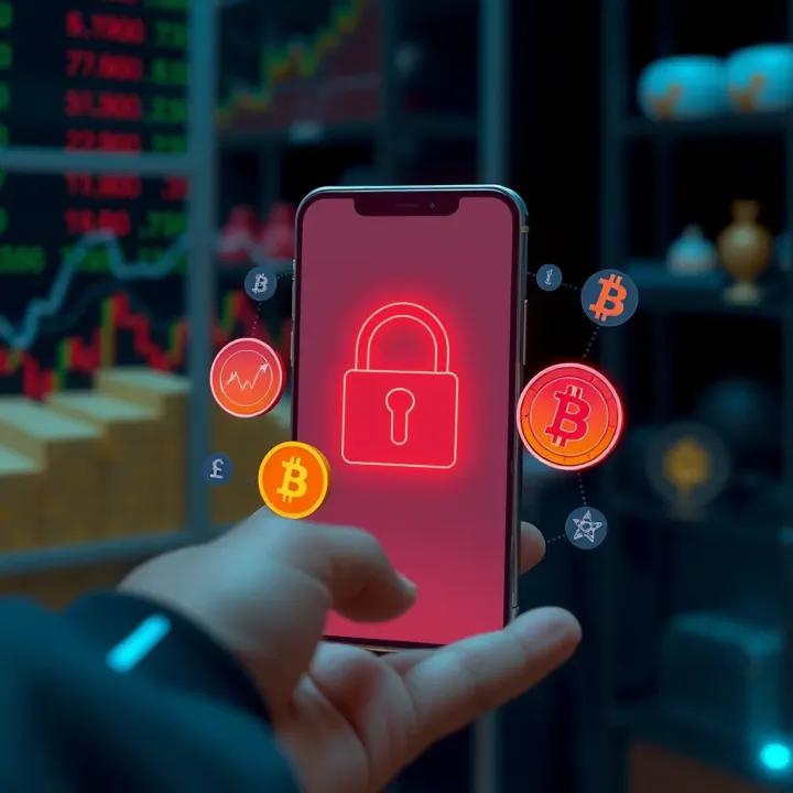 Illustration of secure mobile trading with safety icons and currency symbols for stocks, forex, and crypto