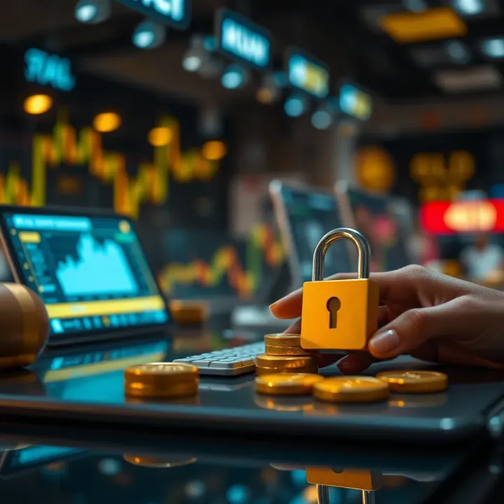 Secure transaction concept with digital security icons and gold investment symbols