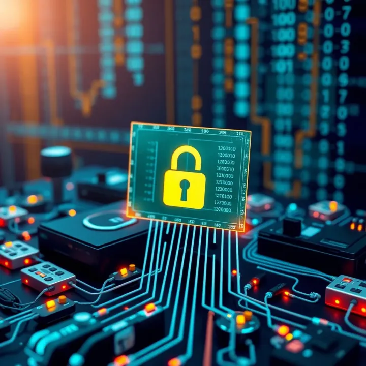 Illustration of digital devices connected to networks highlighting security protection over binary data