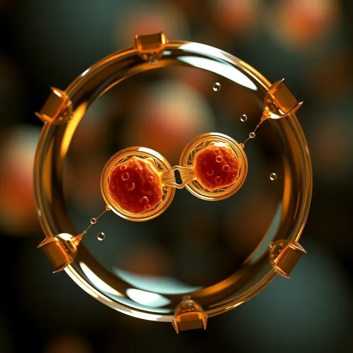 Illustration showing a single-celled organism dividing into two identical daughter cells through binary fission
