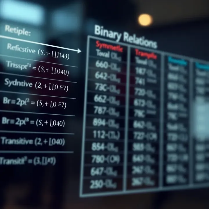 Classification of Binary Relations with Key Property Examples Chart showing types of binary relations including reflexive, symmetric, and transitive examples