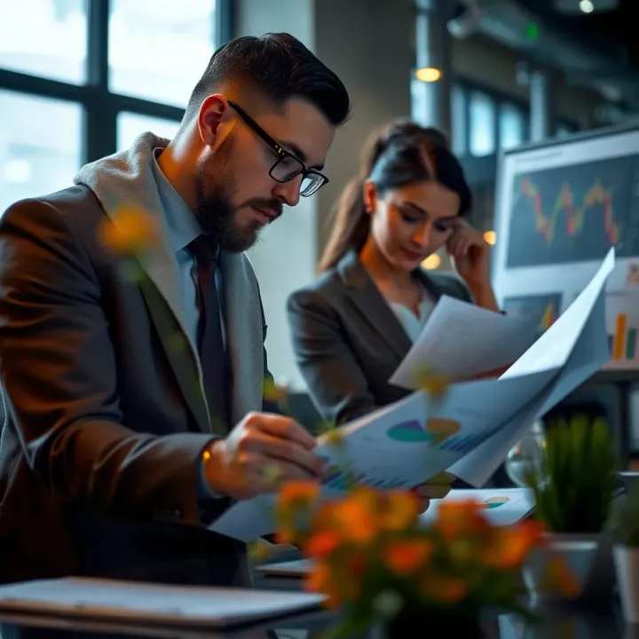 Business professionals analyzing compliance documents with charts and graphs