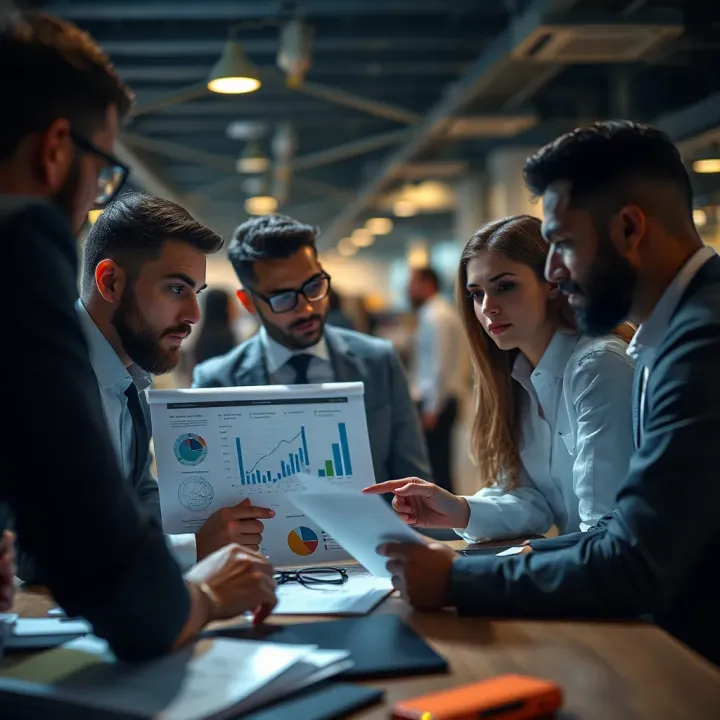 Collaborative Compliance Strategy Planning in Business Operations Business professionals discussing compliance strategy using digital charts and documents