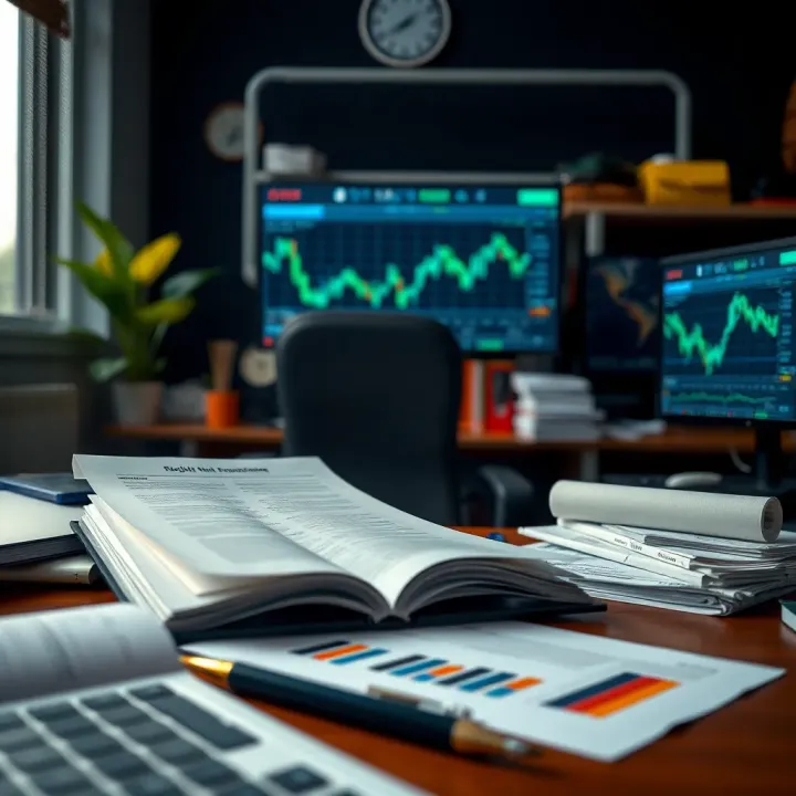 Office workspace showing regulatory guidelines and risk assessment materials