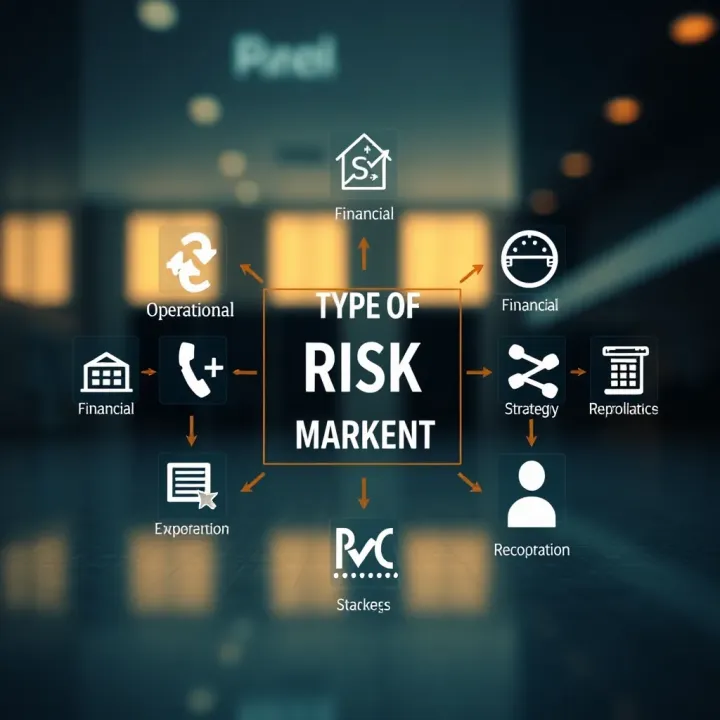 Conceptual diagram illustrating various types of risk management in a corporate environment with icons representing financial, operational, strategic, compliance, and reputational risks